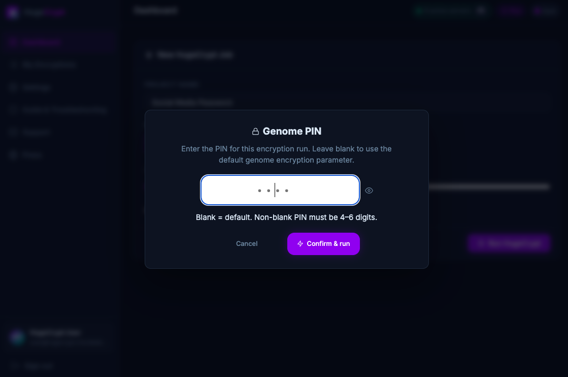 Step 5: Key in the PIN code for the HugeCrypt run
